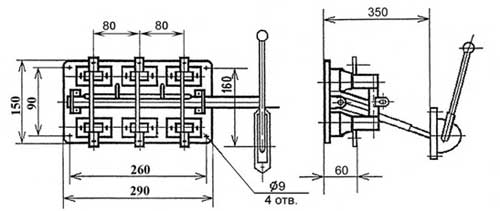 Схема рубильника РЕ19-35-37 с боковым смешенным приводом